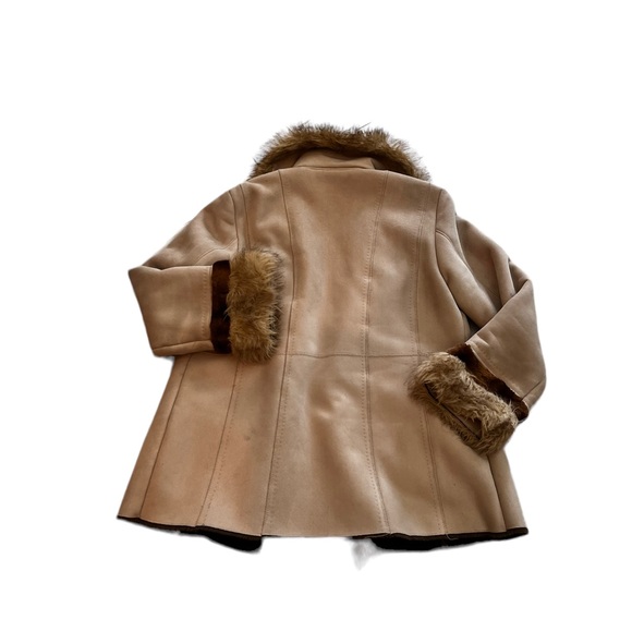 Vintage 1990s Novelti Faux Fur Suede Tan Penny Lane Coat w/ Pom Pom Ties L - Picture 2 of 6